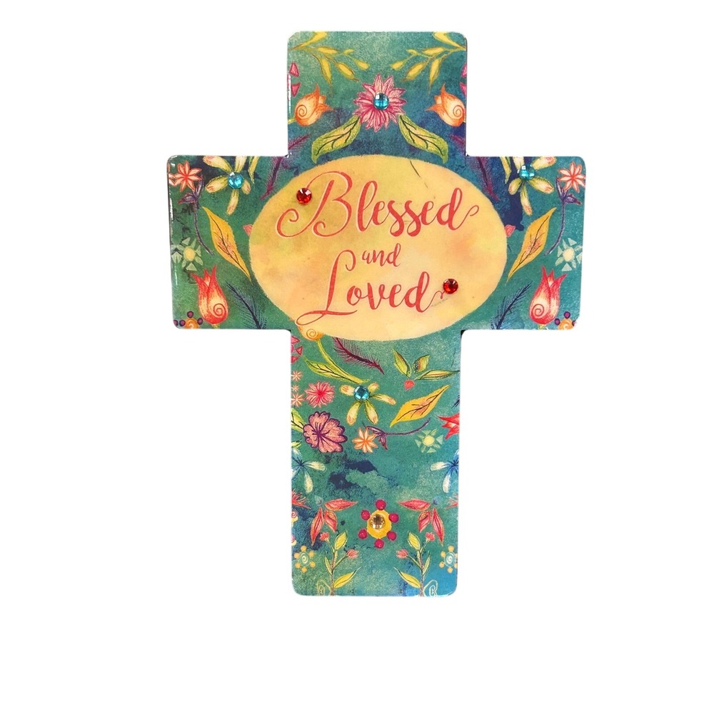 Karma Gifts Blessed and Loved Floral Wood Tabletop Cross Rhinestones Christian